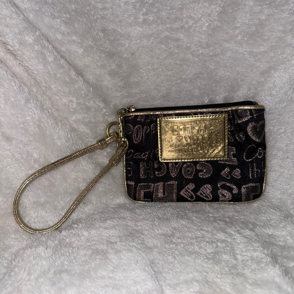 Coach “Poppy” Black and Gold Wristlet/coin purse